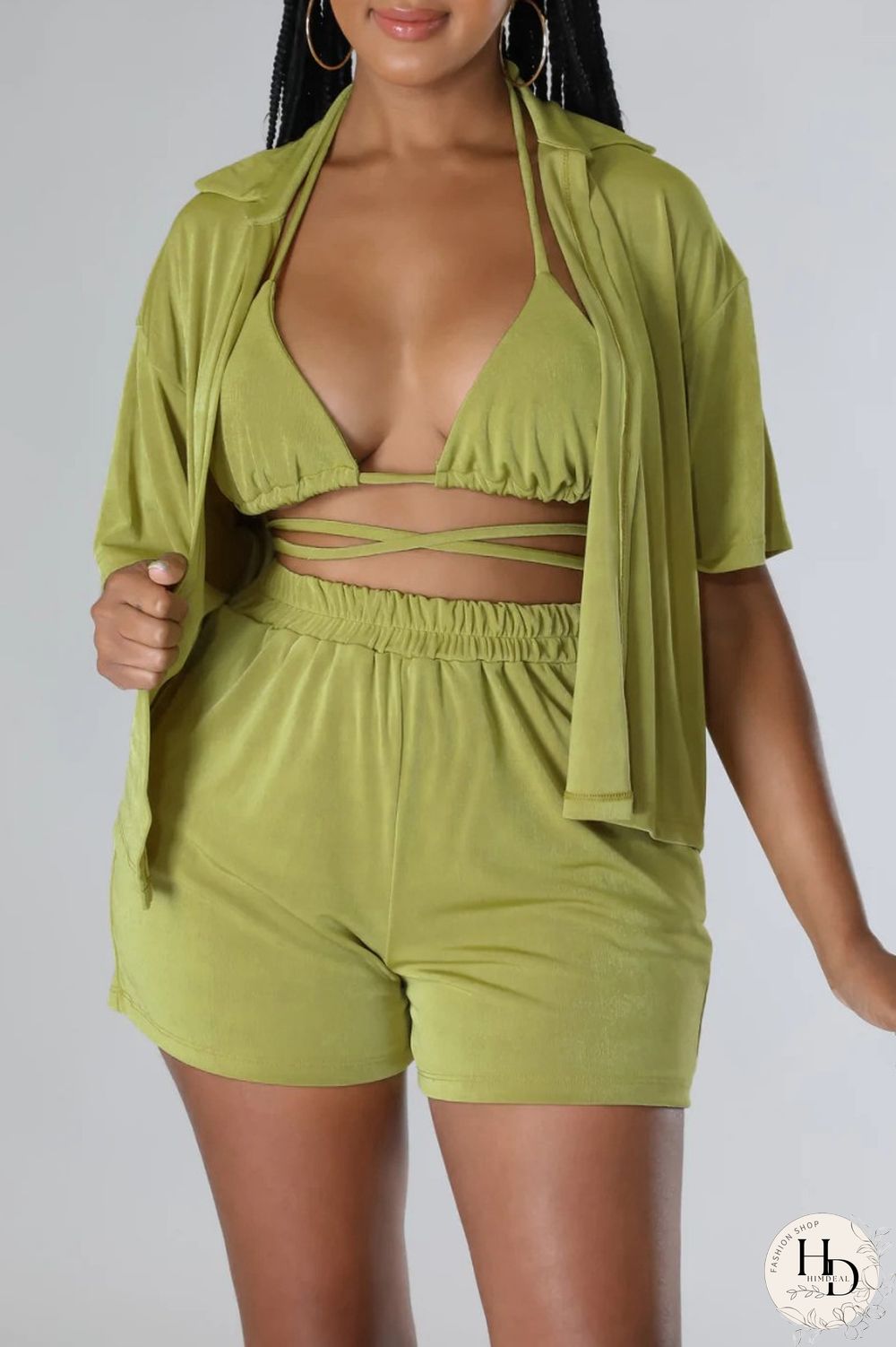 Blue Sexy Casual Solid Frenulum Shirt Collar Short Sleeve Three Piece Set