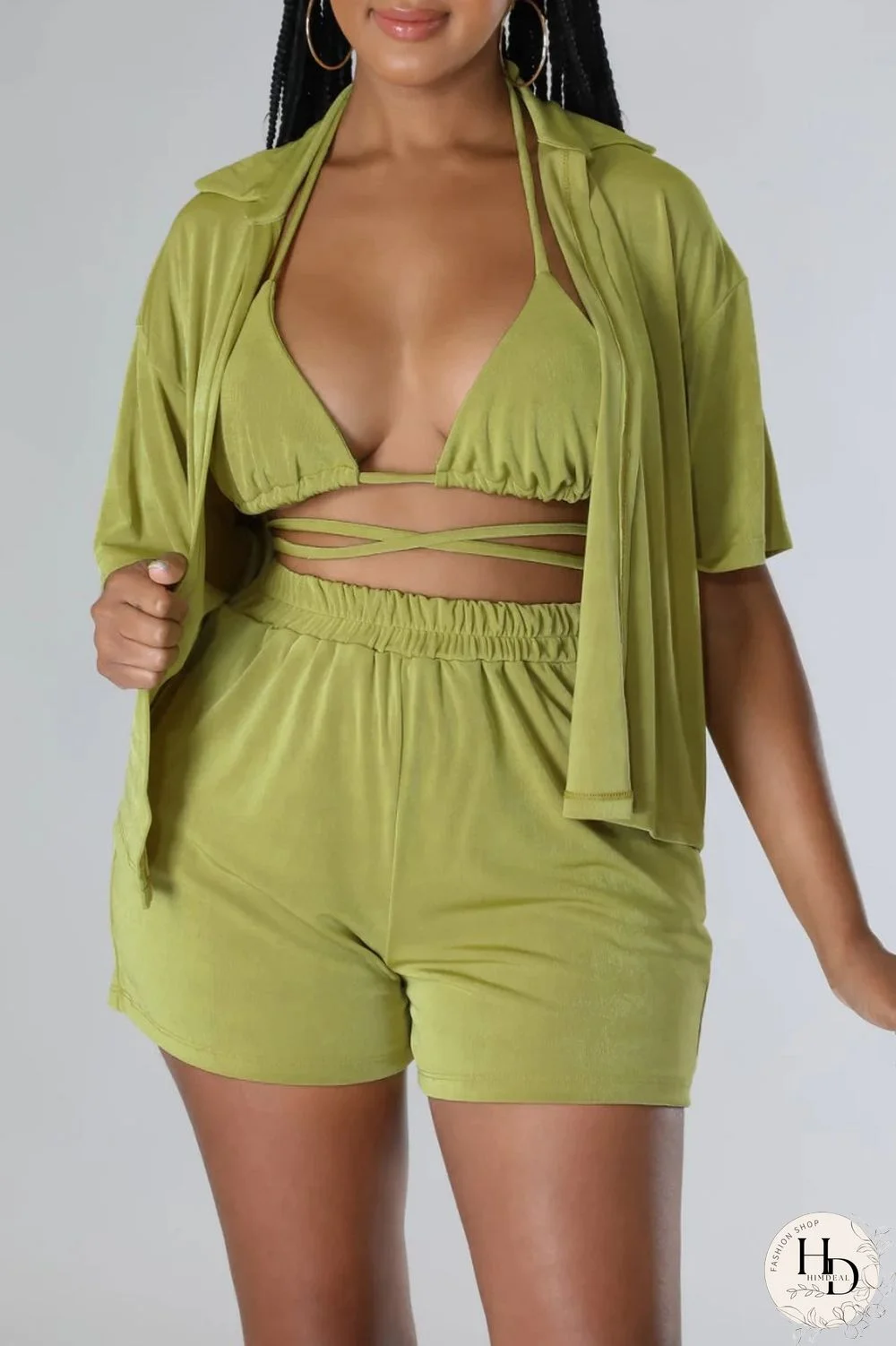 Blue Sexy Casual Solid Frenulum Shirt Collar Short Sleeve Three Piece Set