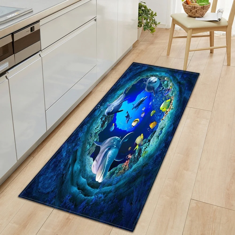 3D Underwater World Kitchen Mat  Entrance Doormat Bedroom Floor Decoration Living Room Carpet Bathroom Non-Slip Rug Long Strip