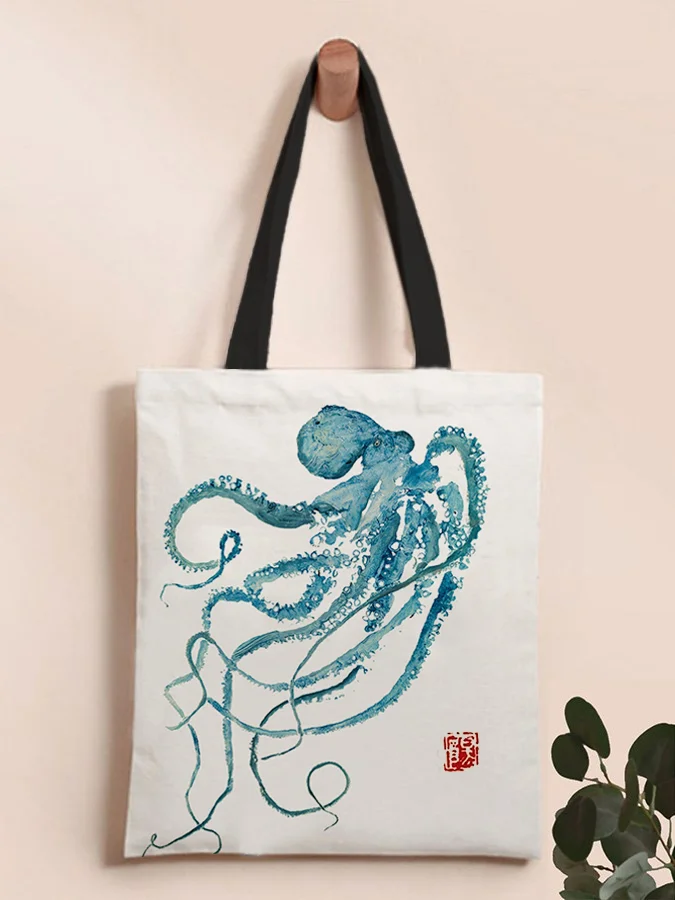 Retro Japanese Octopus Art Print Canvas Shoulder Crossbody Bag
