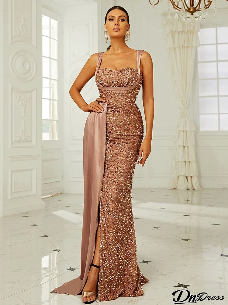 Elegant High Waist Ribbon Sequin Maxi Prom Dress XH2162