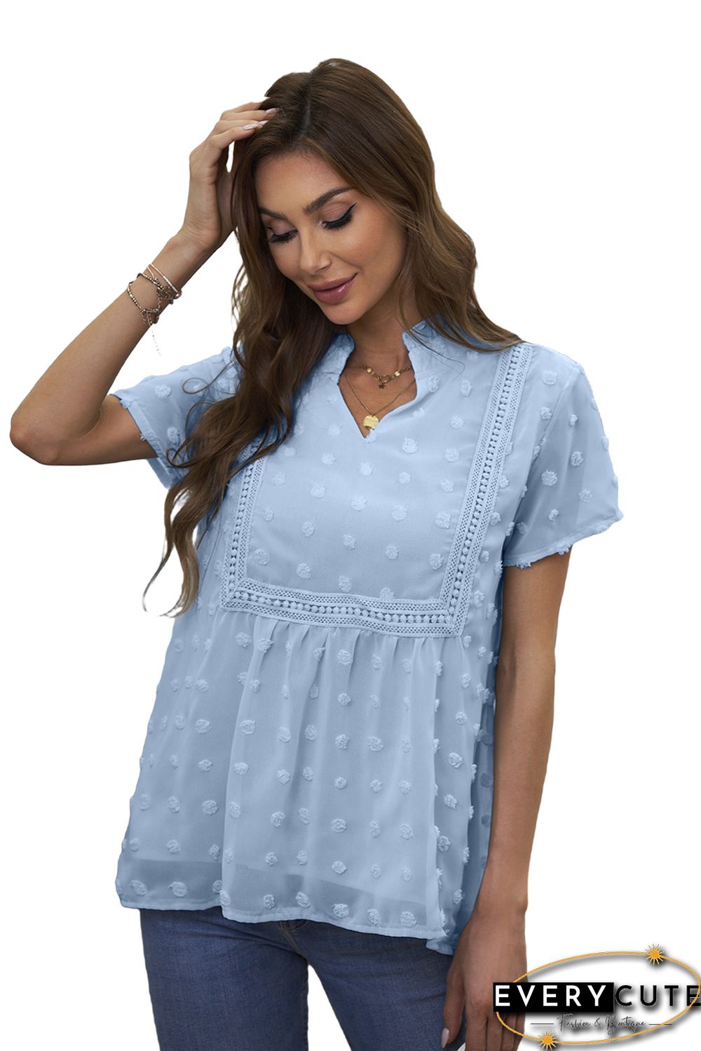 Sky Blue Swiss Dot Short Sleeve Flowy Top
