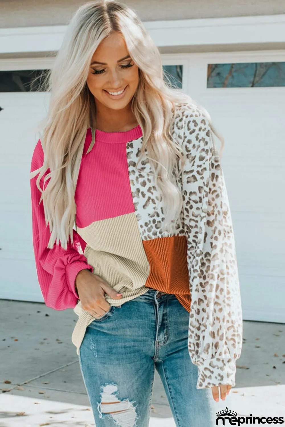 Patchwork Color Block Ribbed Long Sleeve Top