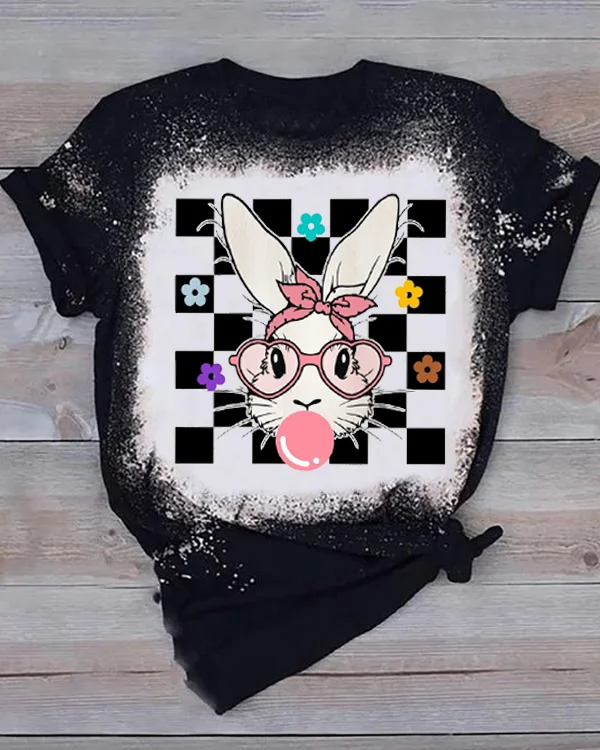 Cute Bunny With Bandana Glasses Bubblegum Print V Neck T-shirt