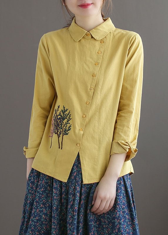 Organic Yellow Peter Pan Collar Embroideried Cotton Shirt Top Long Sleeve CK2861- Fabulory