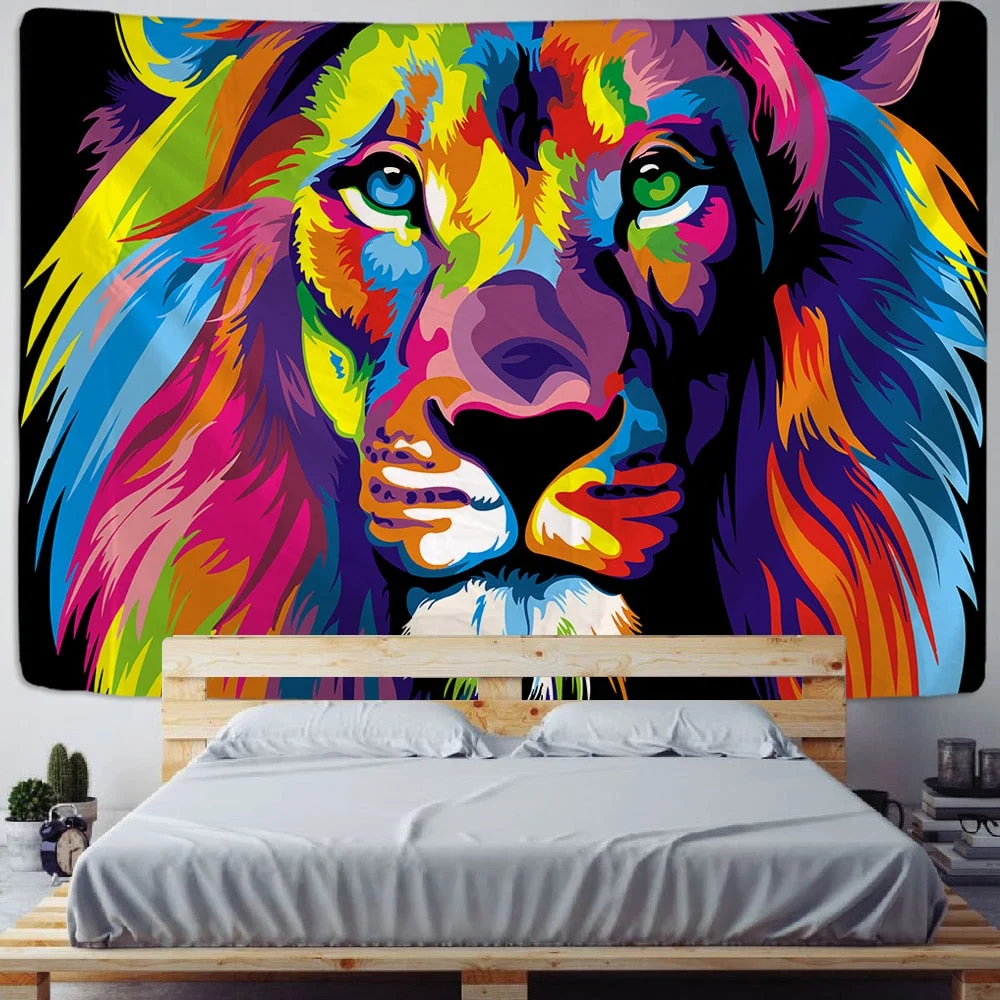 lion tapestry printed oil painting art tapestry psychedelic animal Cartoonwall hanging beach towelHanging Kids Room Decor