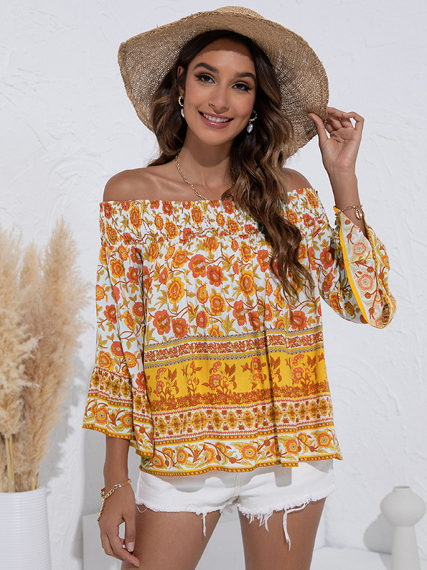 Mature Women Fashion One Shoulder Floral Flared Sleeve Top