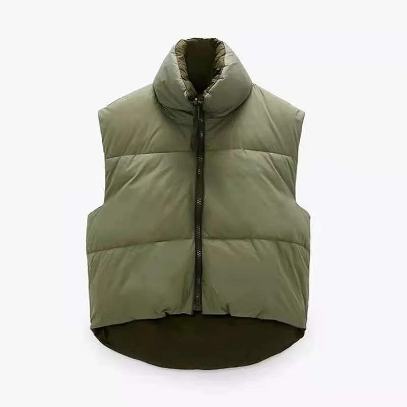 Women's Waistcoat Parkas Jackets Mujer Coat Femme Vest High Neck Puffer Gilet ArmyGreen Zipper Reversible Gilet Winter Warm Coat