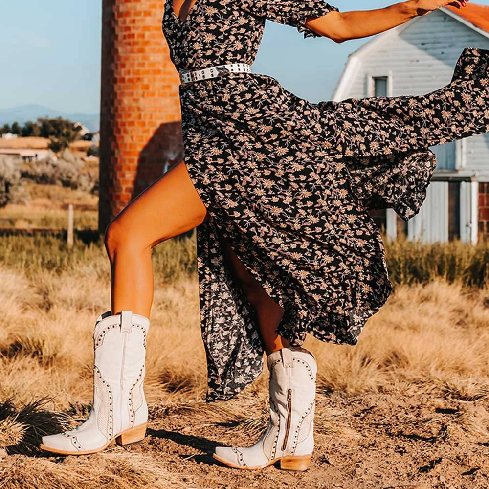 Ivory Vegan Leather Snip Toe Embroidery Inlay Studded Cowgirl Boots