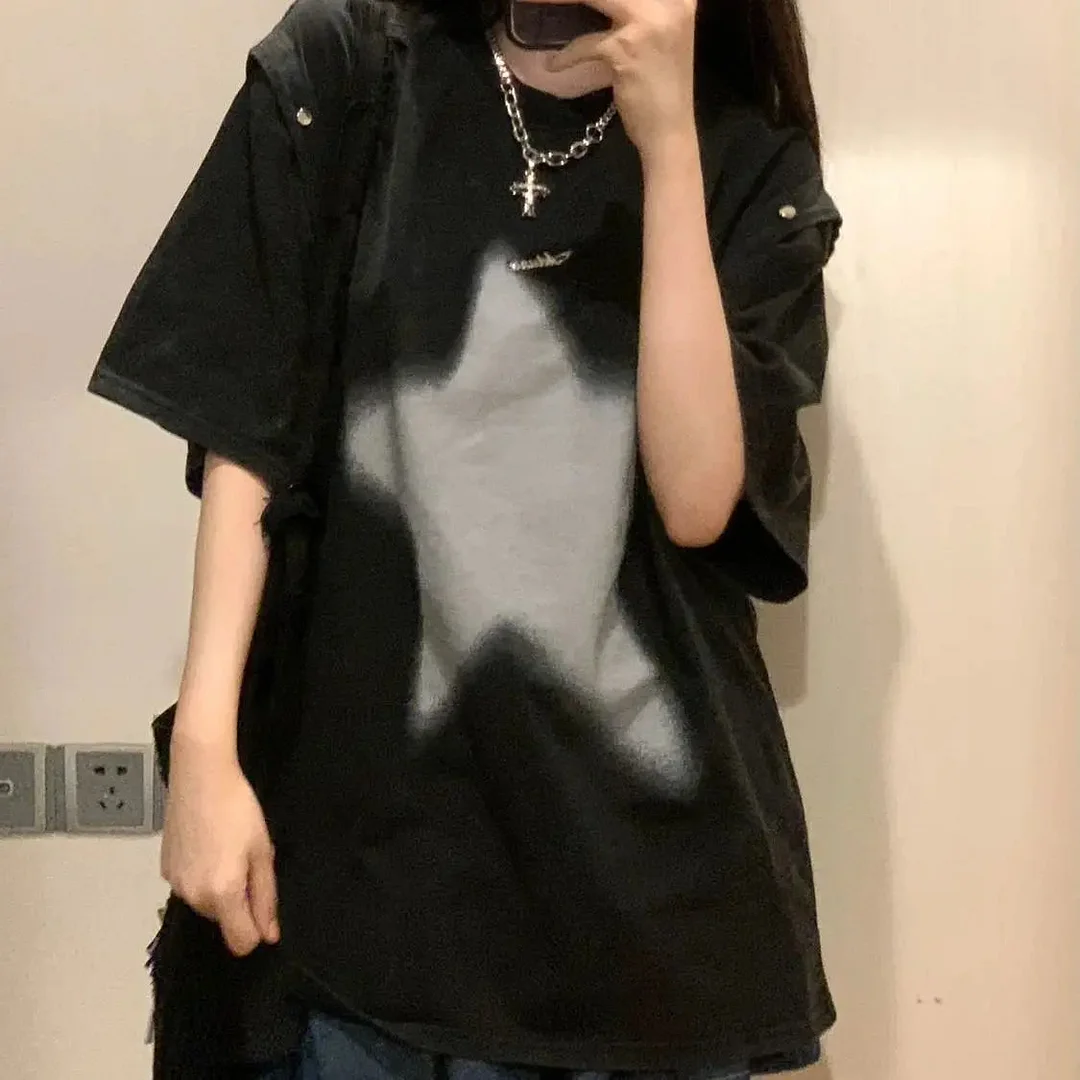 Huibahe Hip Hop Streetwear T Shirts Women Harajuku Grunge Star Print Short Sleeve Tees Gothic Loose Removable Y2K Tops Vintage