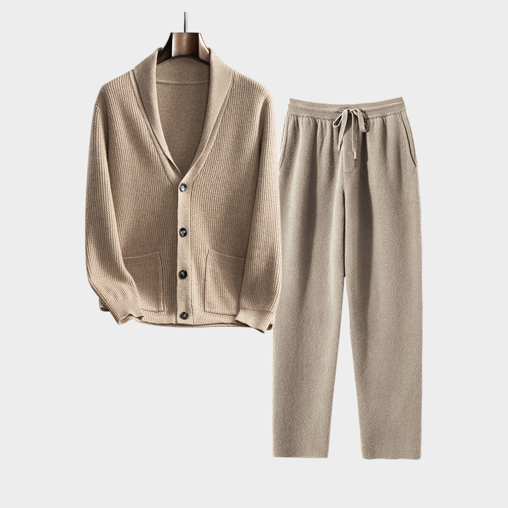 Men's Camel Shawl Collar Cashmere Cardigan and Pants Set | Modern Minimalist REAL SILK LIFE