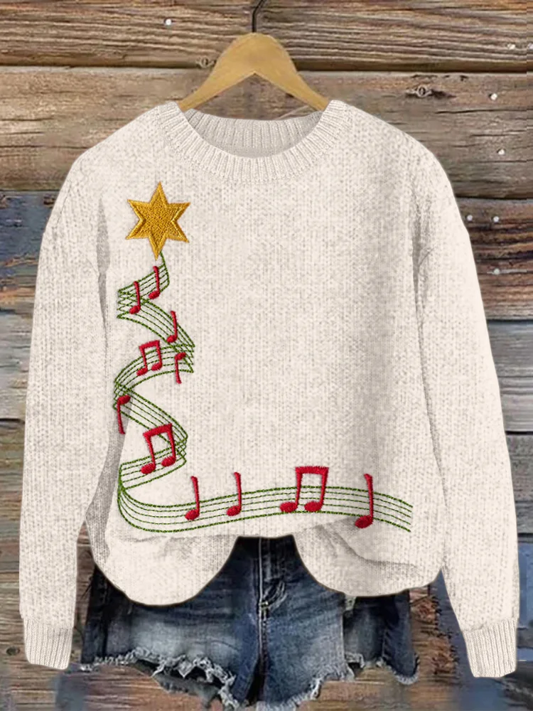 Merry Music Christmas Embroidered Cozy Sweater