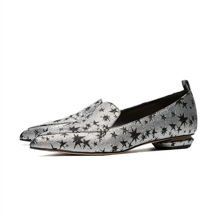 Silver and Black Star Printed Pointy Toe Flats |FSJ Shoes
