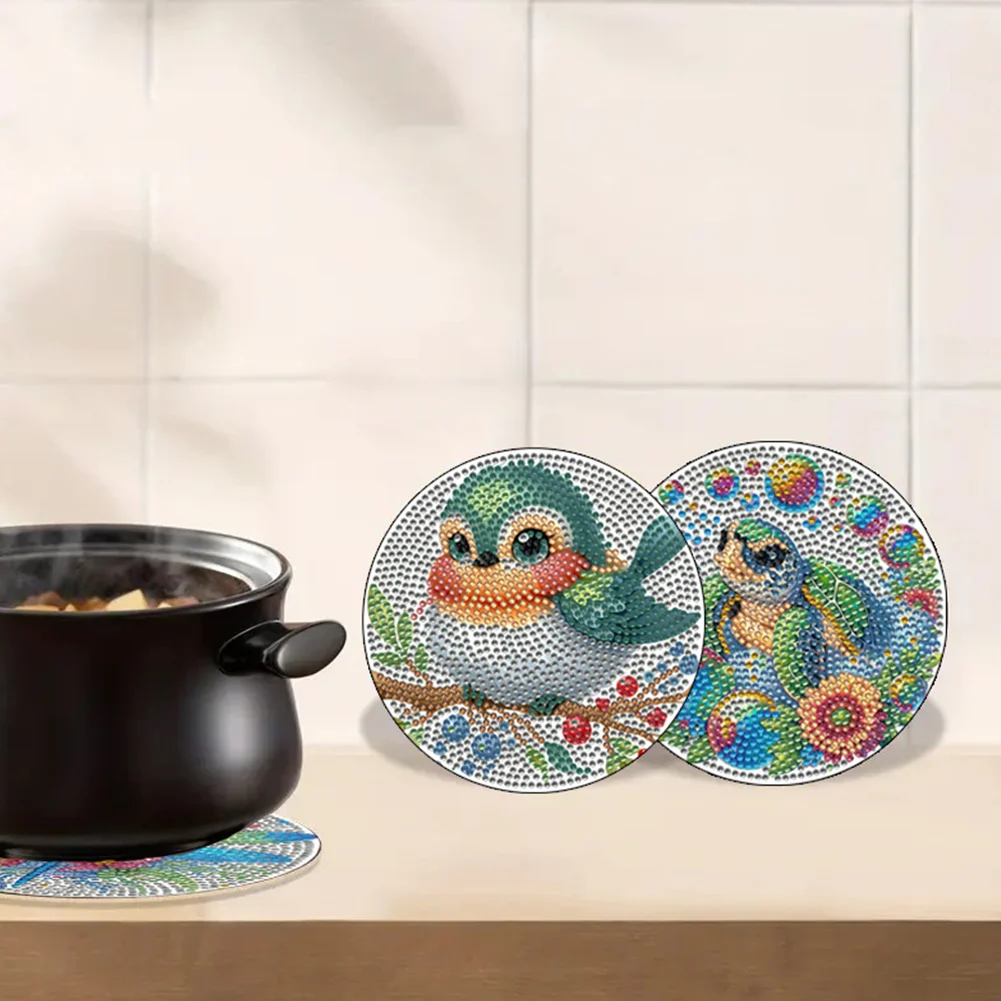 4pcs DIY Animals Wooden Diamond Painting Placemats with Holder