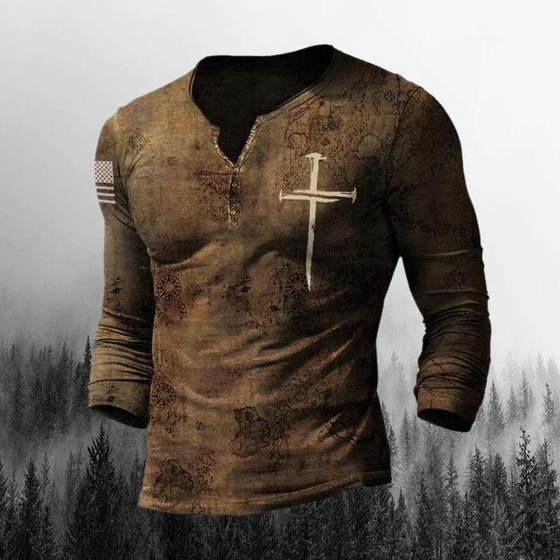 Men's Retro Old World Map Cross Print Long Sleeve Henry T-shirt 