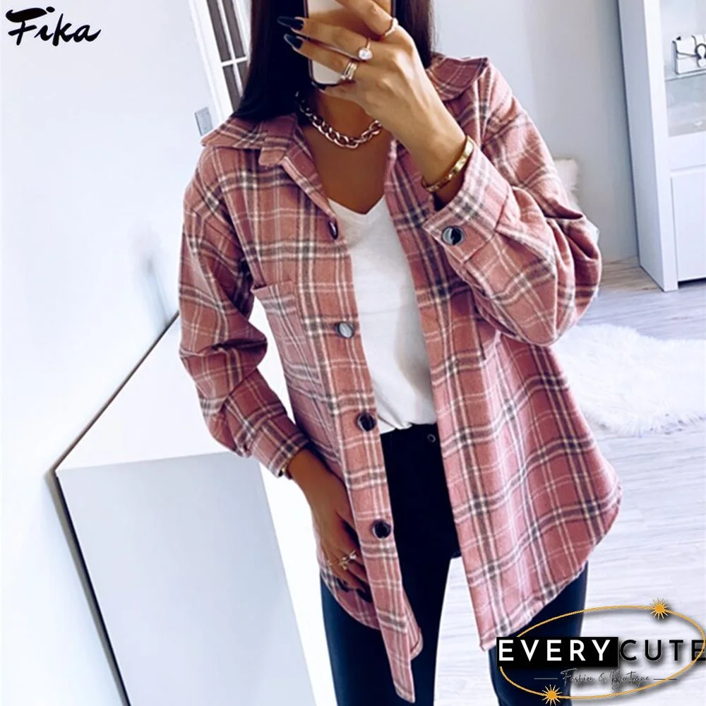 Oversize Women'S Plaid Shirt Jackets Long Sleeve Ladies Tops Outwear Spring Autumn Loose Women Blends Check Buttons Coats