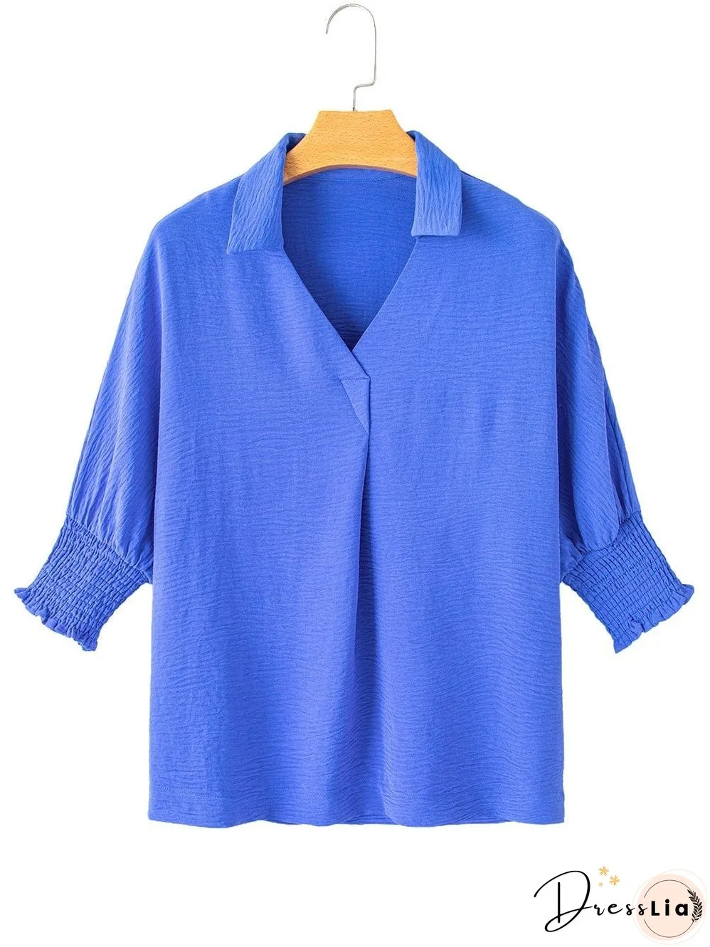 Navy Blue Collared Smocked Sleeve Cuffs Loose Fit Blouse