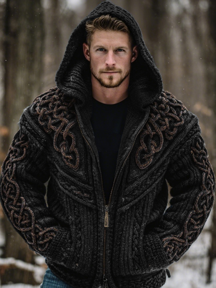 Men's Vintage Viking Celtic Knot Art Chunky Knit Hooded Zip-up Sweater  artssus