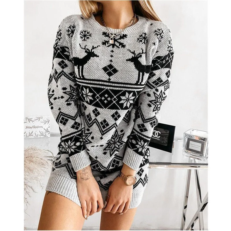 Christmas Deer Knitted Long Sleeve Round Neck Casual Winter Autumn Pullover Clothes Ladies Fashion Sweater Women dropshipping
