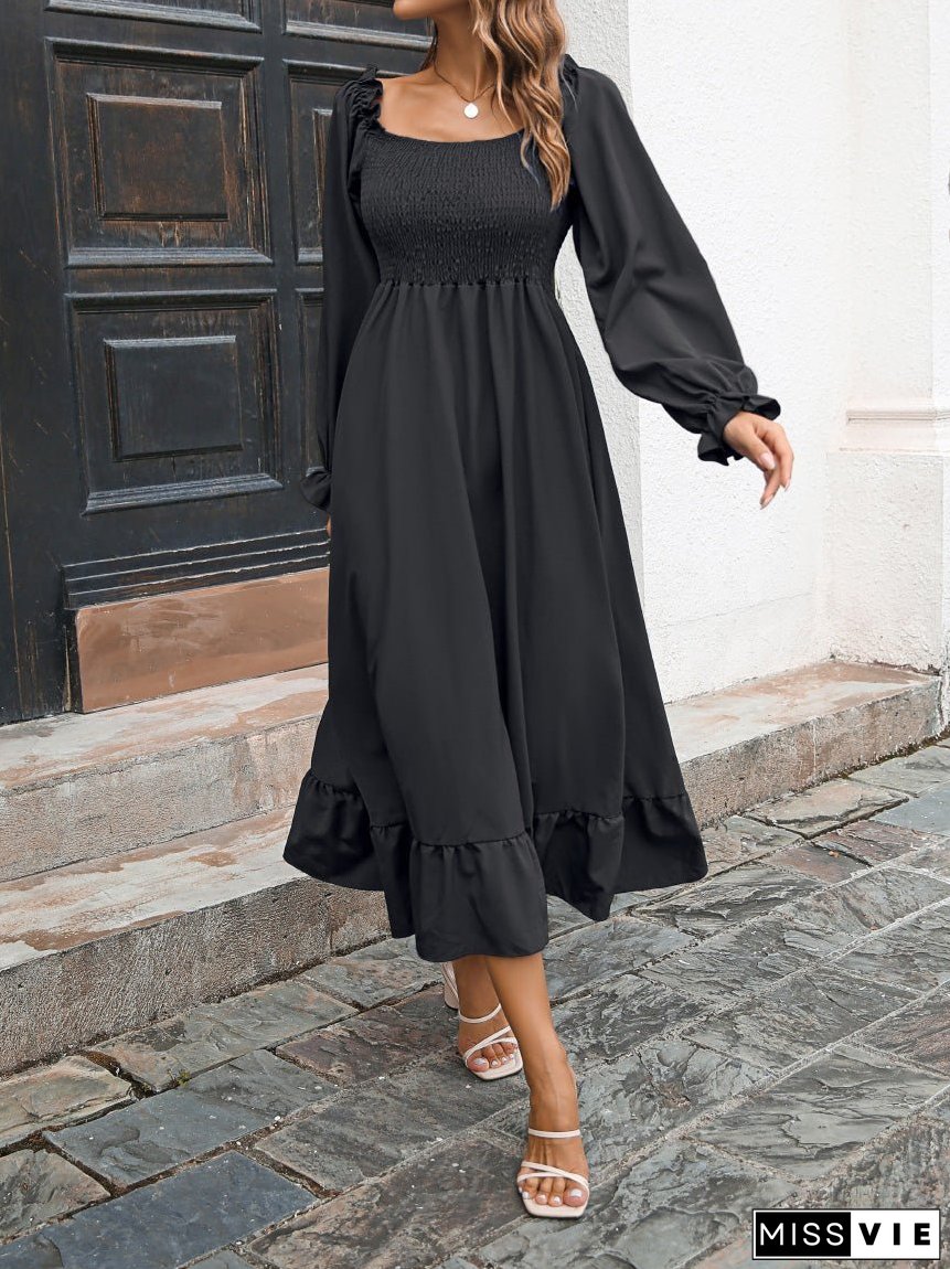 Casual Square Neck Long Sleeve Ruffle Dress