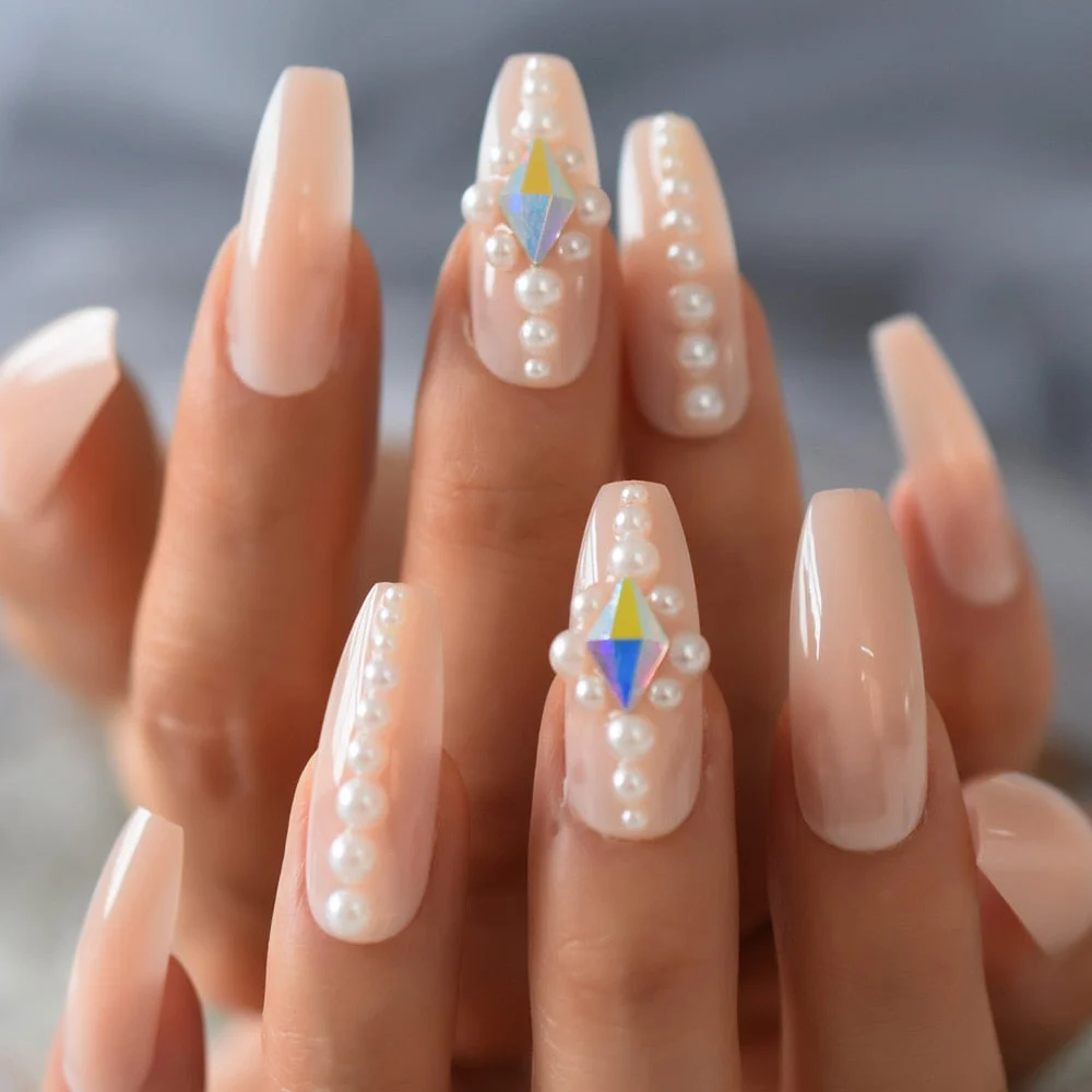 Luxury AB Stone Faux Ongles Rhinestones Decorative Extra Long Square Fake Nails Gegoues Designed Manicure Tips Nude Color-Nail Inspo