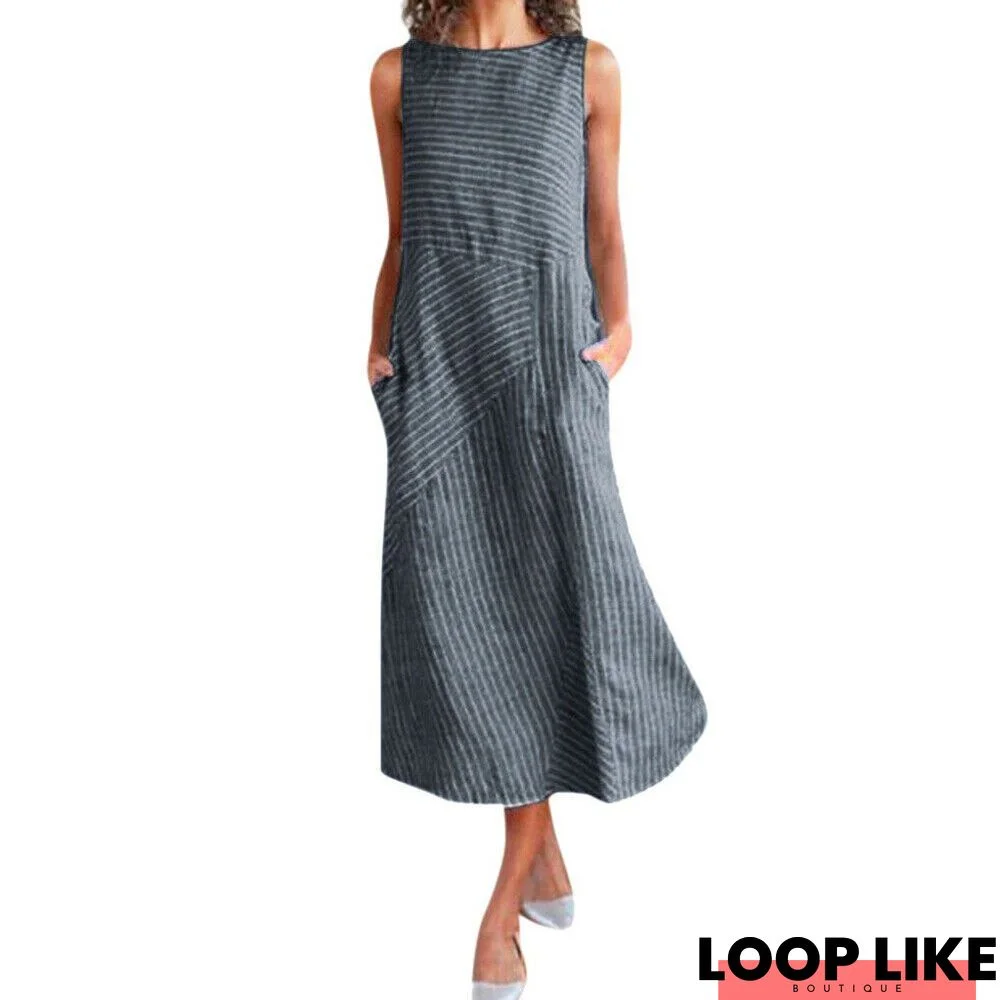 Women Stripe Print Summer Bohemia Long Dress Ladies Casual Plus Size Pocket Loose Boho Beach Holiday Maxi Sundress