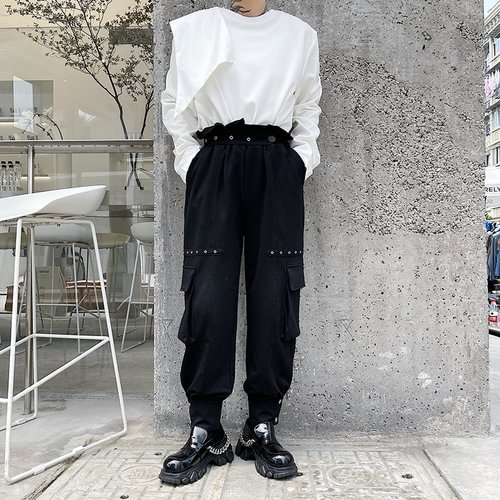 Dawfashion-Black Big Pocket Personalized Rivet Tooling Trousers-Yamamoto Diablo Clothing