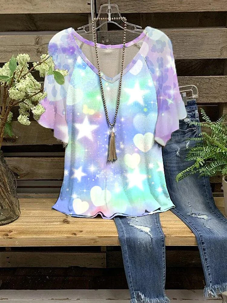 Women's New Gradient Color Stars and Love Print Half-sleeve V-neck T-shirt