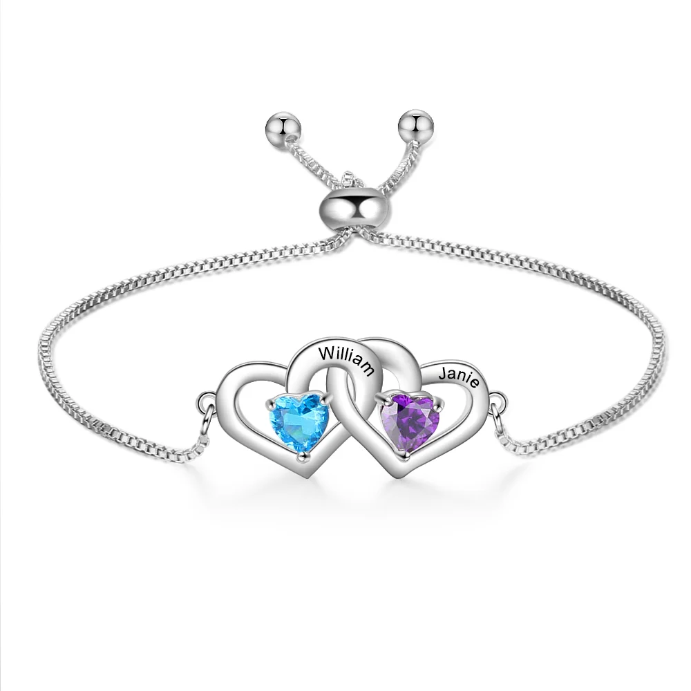 Mit 2 Namen und 2 Geburtssteinen, verstellbares herzförmiges Armband Kettenmachen