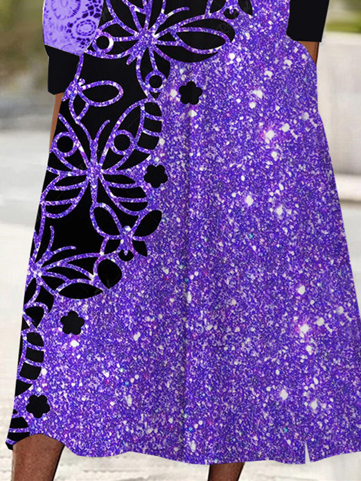 Women's Long Sleeve V-neck Graphic Lace Pockets Midi Dress