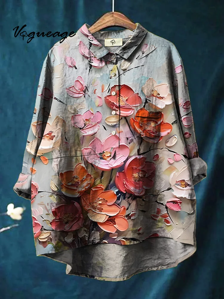 Bright And Elegant Fashionable Flowers Print Cotton And Linen Shirt