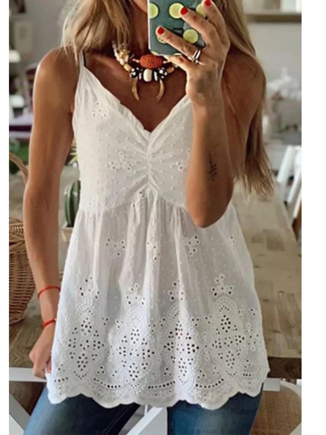 White V Neck Cotton-Blend Casual T-shirt
