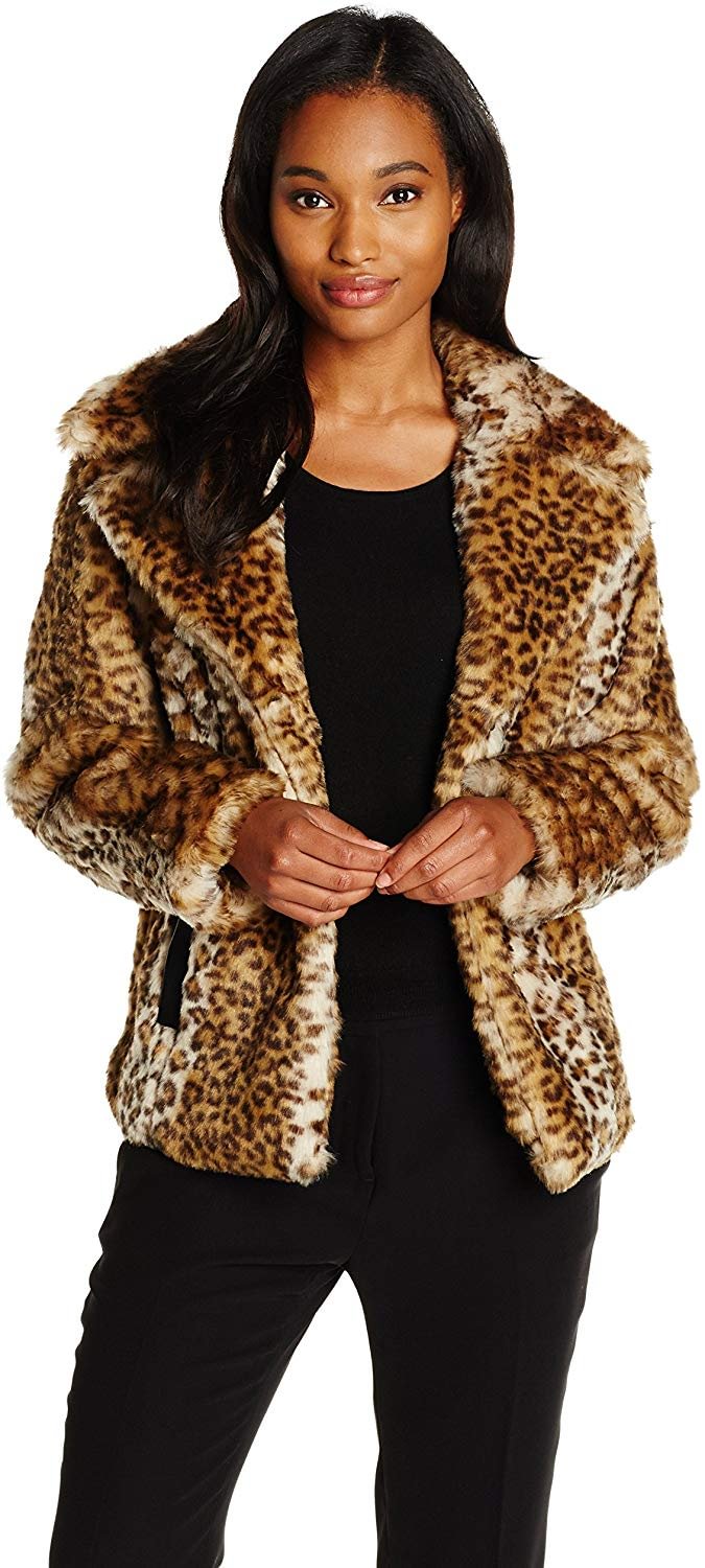 Women's Leopard Faux Fur Jacket with Oversized Collar (Large Leopard)