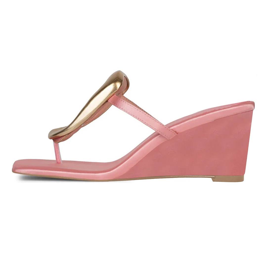Peach Square Toe Gold Buckle Strap Satin Sandals with Wedge Heels