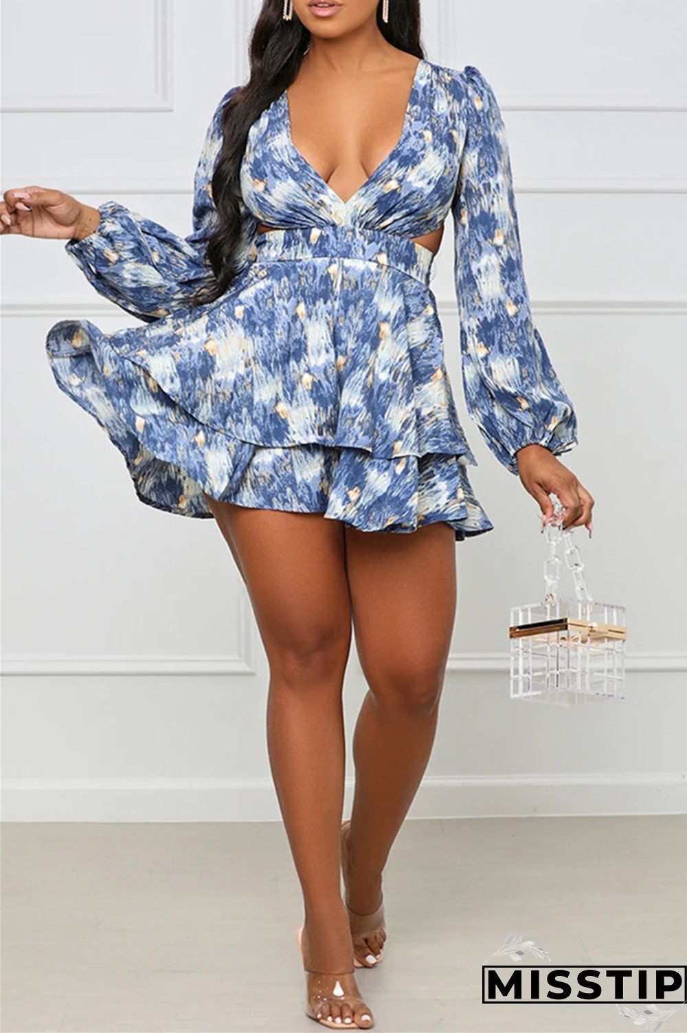 Blue Fashion Casual Print Hollowed Out V Neck Long Sleeve Dresses