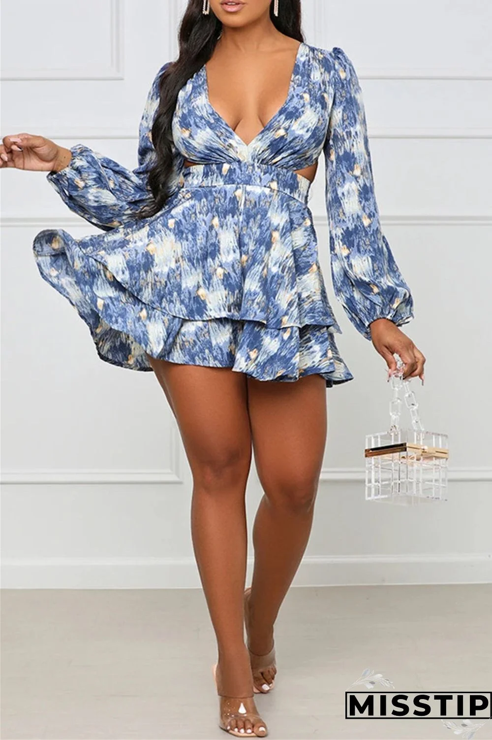 Blue Fashion Casual Print Hollowed Out V Neck Long Sleeve Dresses