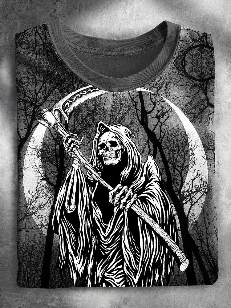 Halloween Grim Reaper Moon Branch Print Casual T-Shirt