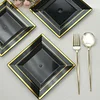10 Pack | 7" Gold Trim Black Square Plastic Salad Dessert Plates