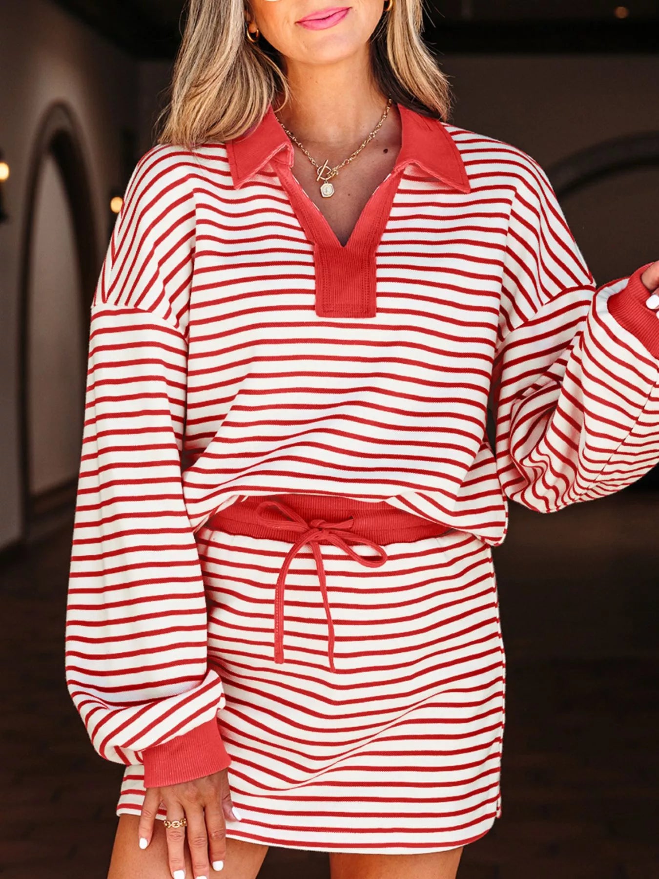 Stripe Collared V Neck Drop Shoulder Pullover and Skort 2pcs Outfit