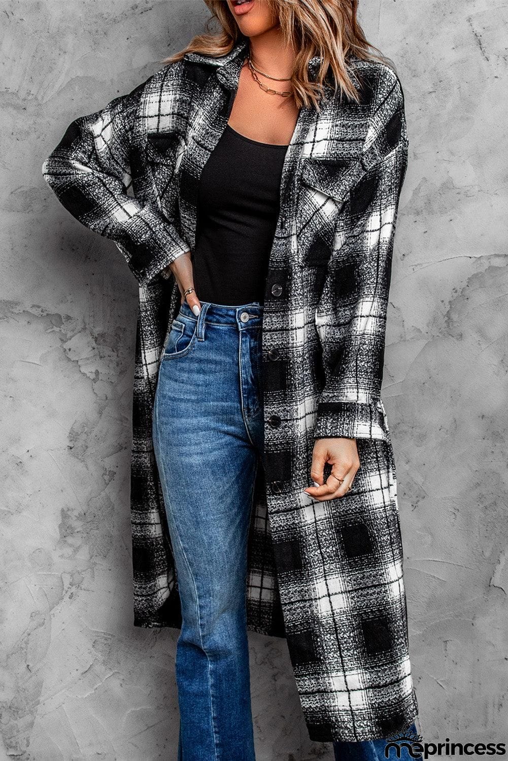 Plaid Button Down Dropped Shoulder Duster Coat