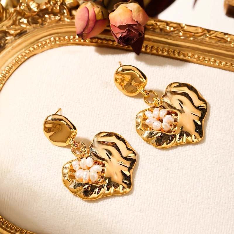 1 Pair Classical Geometric Heart Shape Freshwater Pearl Copper 18K Gold Plated Drop Earrings4