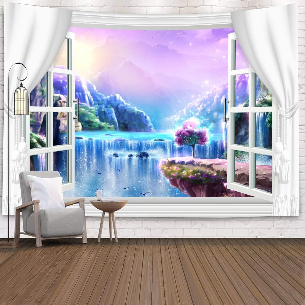 Window Tapestry View Green Plant 3D Sea Flowers Wall Hanging Carpet Blanket Bedspread Yoga Towel Home Beach Wall Decor Dropship