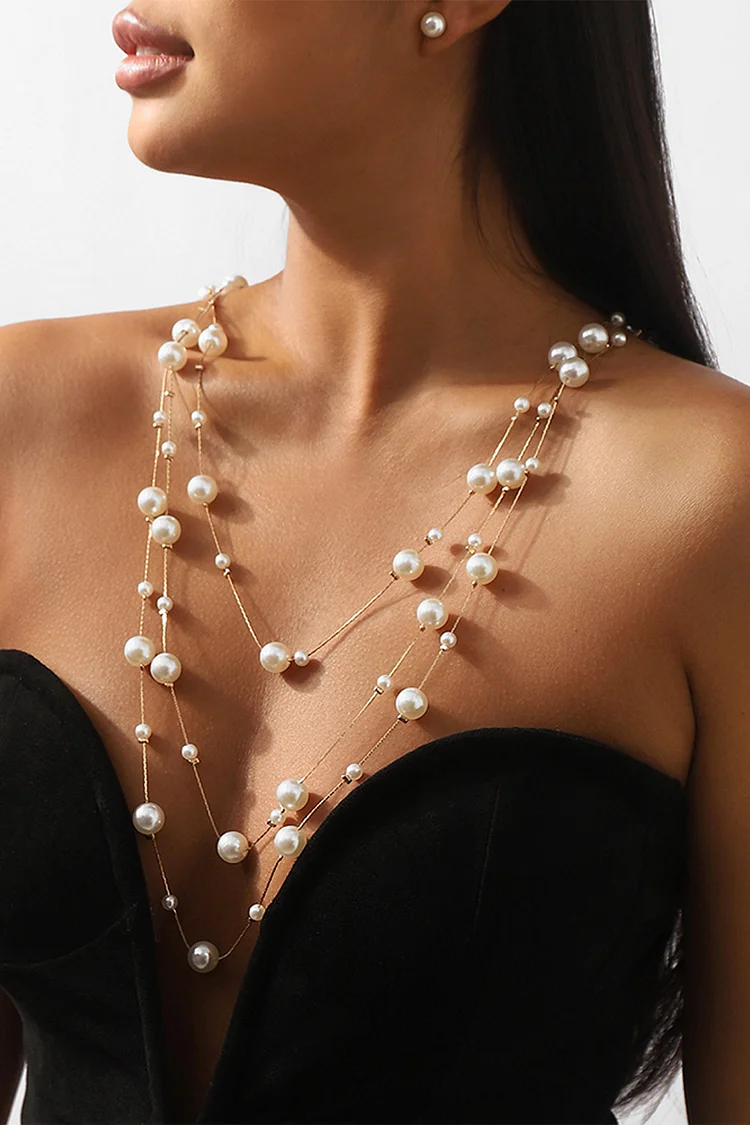 Fashion Pearl Beaded Chain Earrings Long Necklace Jewelry Set 2024 - Xpluswear