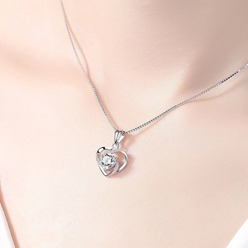 925 Sterling Silver Artificial Gemstones Box Chain Inlay Heart Shape Pendant Necklace