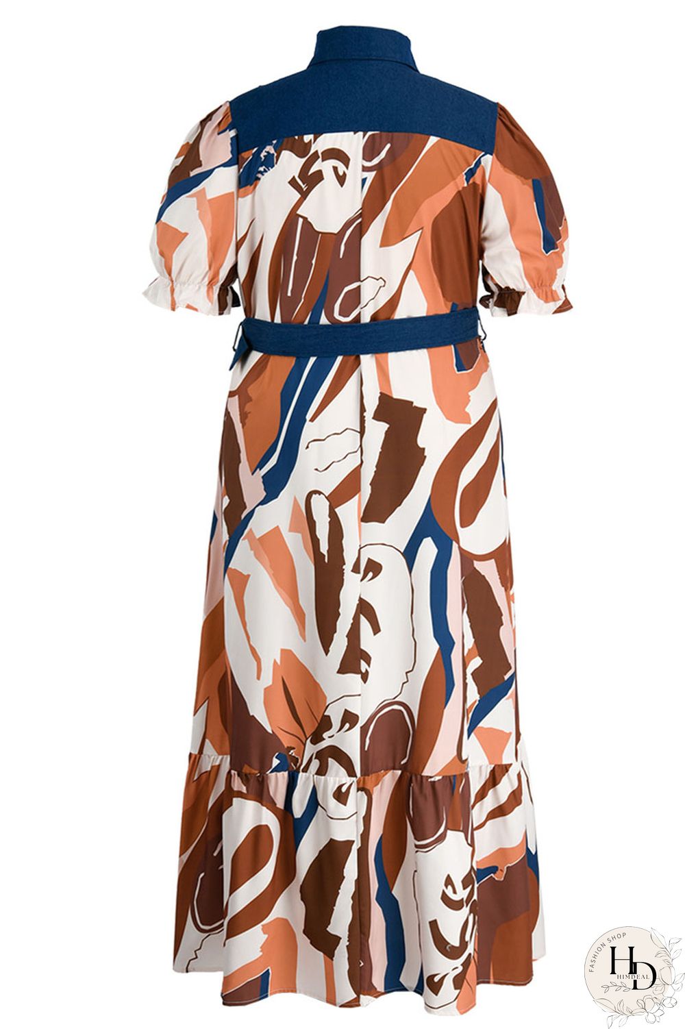 Tangerine Casual Print Patchwork Buckle Turndown Collar Straight Plus Size Dresses