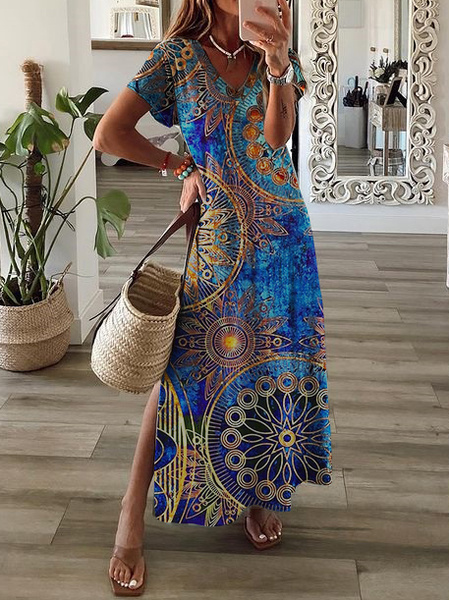 V Neck Loosen Geometric Short Sleeve Long Dress