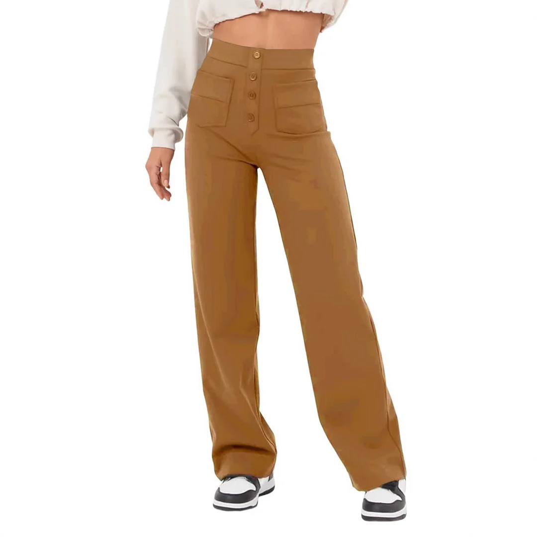 Wongn Wongn Fashion New Women's Casual Straight Pants High Waist Button Elastic Belt With Multiple Pockets