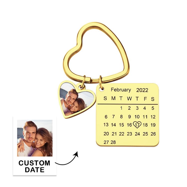 Custom Photo Calendar Keychain Heart Pendant Key Ring Save the Date for Couples