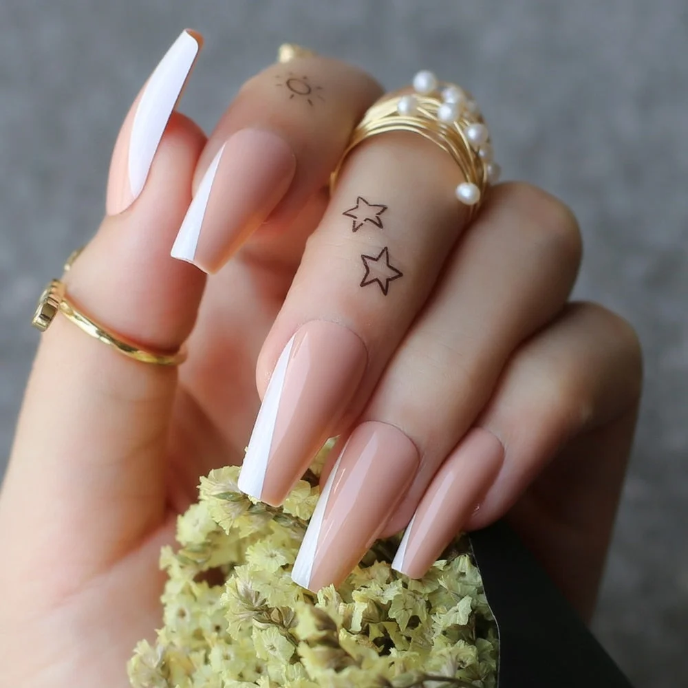 Gel Exquisite French Coffin Baby nude Acrylic nails salon 24pcs Baby pink Fake nails ballet UV glossy reuseull wholesale droship-Nail Inspo