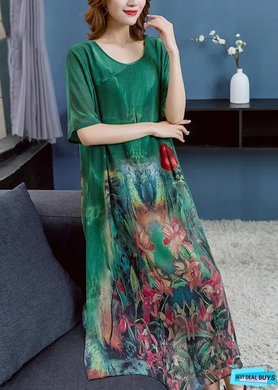 Women Green O Neck Print Patchwork Chiffon Dress Summer